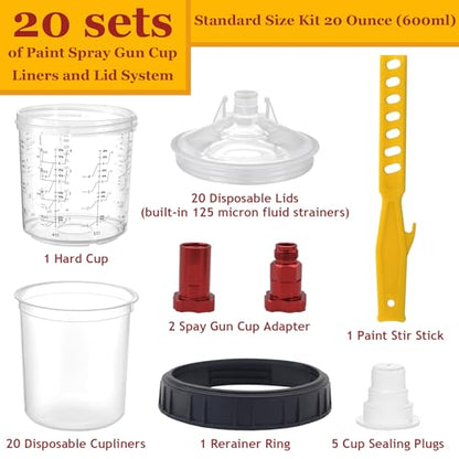Disposable Paint Cup 20 Ounce (600 ml) Kit - 20 Paint Mixing Cups Liner, 20 Filter Lids, 2 Spray Gun Adapters, 5 Sealing Plugs, 1 Hard Cup，1 Sealing Ring, 1 Stirrer, for Car & DIY Painting