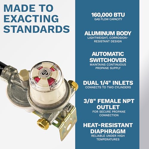 Cavagna Kosan 924N RV Propane Regulator for RV Trailer, Auto Changeover Dual Cylinder Setup, 160000 BTU Capacity, Adjustable pressure and Corrosion resistant