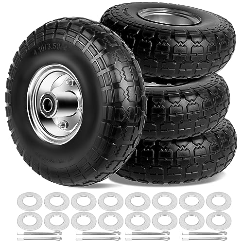 4.10/3.50-4 Tires and Wheels Flat Free 10 Inch Solid Tires Replacement with 5/8" Axle Bore Hole, 16 Spacers 8 Pins, for Cart, Garden Wagon, Wheelbarrow, Hand Truck, Trolley, Lawn Mower，4P - color: Silver, size: 10" - 4P