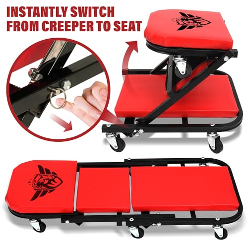 BullsArmor Mechanic Creeper Bench & Stool 2 in 1 - Folding Adjustable Chair Z Design 300 Lbs Capacity - Heavy Duty Garage Seat Tool 6 Wheels - Gift Ideas for Car Guy Maintenance Repair Shop Equipment