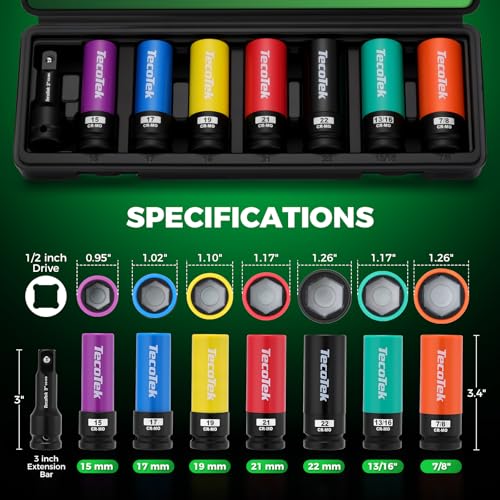 TecoTek 8PCS 1/2" Drive Lug Nut Socket Set, Metric 15 17 19 21 22 MM & SAE 13/16 7/8 in. Wheel Socket Set, Lug Nut Removal Tool, Thin Wall Lug Nut Sockets with Colored Protective Covers
