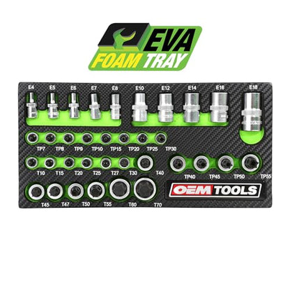 OEMTOOLS 23991 35 Pc Torx Bit Set & E Torx Socket Set 1/4", 3/8" & 1/2" Dr - size: 35 Piece