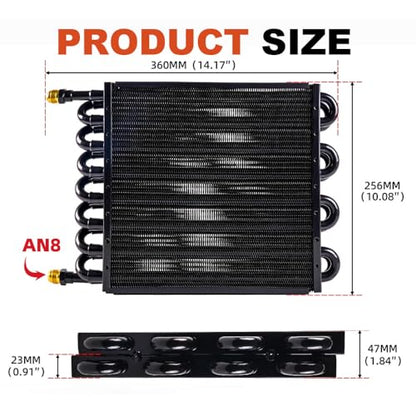 BARTOO 1/2" Transmission Cooler, Aluminium alloy 16 Pass Tube and Fin Universal Oil Cooler Kit Air Compressor Aftercooler (Black) - color: Black, size: 16 Pass
