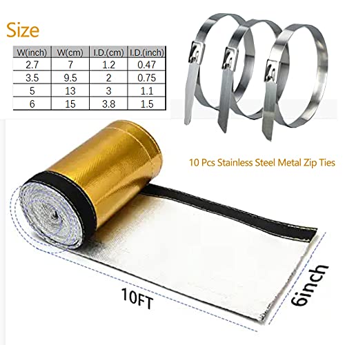 Heat Shroud Sleeving Exhaust Heat Shield Tape 1.5''I.D. x 10FT Fuel line Wire Heat Sleeve Golden Hose Heat wrap for Ultimate Hi-Temp Protection with 10PCS Metal Zip Ties - color: gold, size: 1.5''I.D.