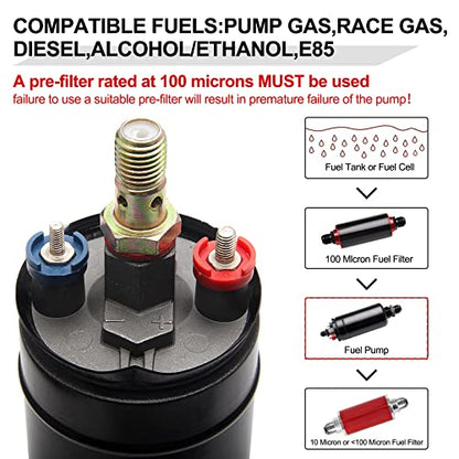 300LPH Inline Fuel Pump High Pressure 12V Electric Fuel Injection 10AN Inlet 8AN Outlet Universal High Flow External Fuel Pump Replace 580254044 HTRACING