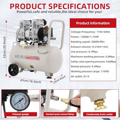 Ultra Quiet Air Compressor, Only 68dB, 8 Gallon Tank, Oil-Free, 110V/60Hz 1.75HP, 7.42CFM@115PSI, Air Compressor Perfect for Spray Painting, Auto Repair, Tire inflation, Woodwork nailing - size: 8 Gallon