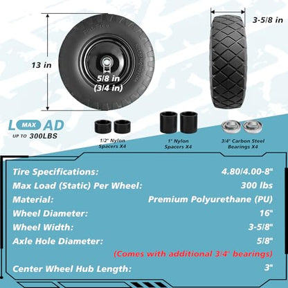 (1 Pack) 16" Flat Free Wheelbarrow Tire and Wheel, Solid Replacement With 3" Centered Hub, 5/8" 3/4" Bearings, Universal Fit 4.80/4.00-8, 3.50/3.00-8, 4.00-6 - color: 1 Pack, size: 16"-4.80/4.00-8"