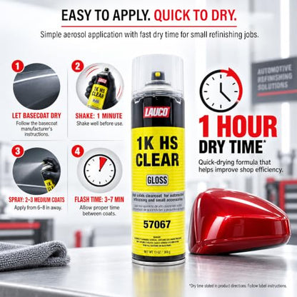 LAUCO 1K HS Gloss Clear 13 oz. Automotive Aerosol Spray Paint Can - Acrylic Clear Coat Perfect for Protecting Refinish Color on Small Accessories (1) 57067