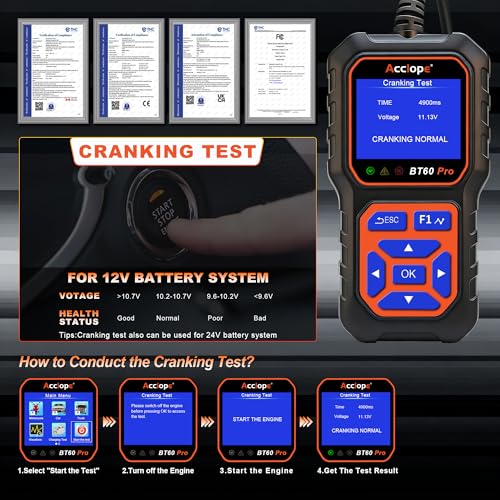 BT60 PRO 2–120Ah Battery Tester 6V/12V/24V 100–3000 CCA QR Report - color: Black-Orange