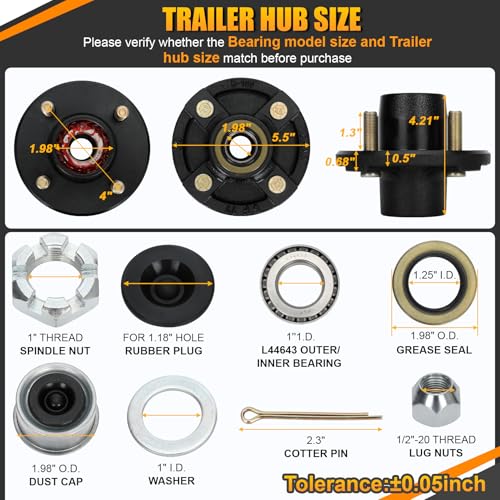 2 Sets 4 Lug Trailer Hub Kit for 2000 Lbs, for 1'' BT9 Straight Axle Spindle Trailer hub 4 lug, Prelubricated L44643 Bearings 4×4 Trailer Axle Kit, Boat Trailer Hubs 4 Lug(only for Straight Spindle) - style: 4*4" Trailer Hub Kit for 2000 lbs Axle