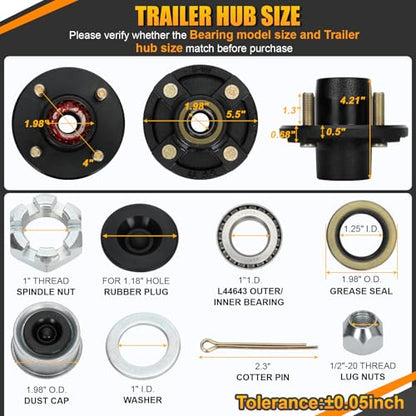 2 Sets 4 Lug Trailer Hub Kit for 2000 Lbs, for 1'' BT9 Straight Axle Spindle Trailer hub 4 lug, Prelubricated L44643 Bearings 4×4 Trailer Axle Kit, Boat Trailer Hubs 4 Lug(only for Straight Spindle) - style: 4*4" Trailer Hub Kit for 2000 lbs Axle