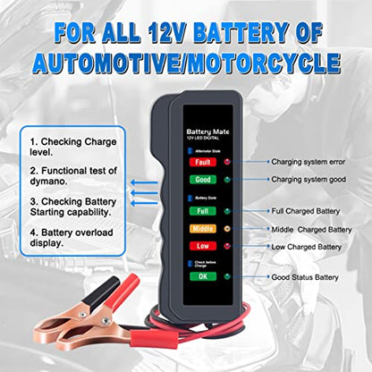12V Car Battery Tester, BM310 Automotive Digital Alternator Charging System Analyzer with LED Indication, Check Vehicle Battery Condition Detector, Universal for Car, Motorcycle, Truck