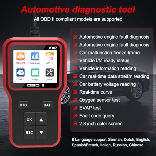 OBD2 Scanner Diagnostic Tool, Car Code Reader and Battery Tester - color: Red