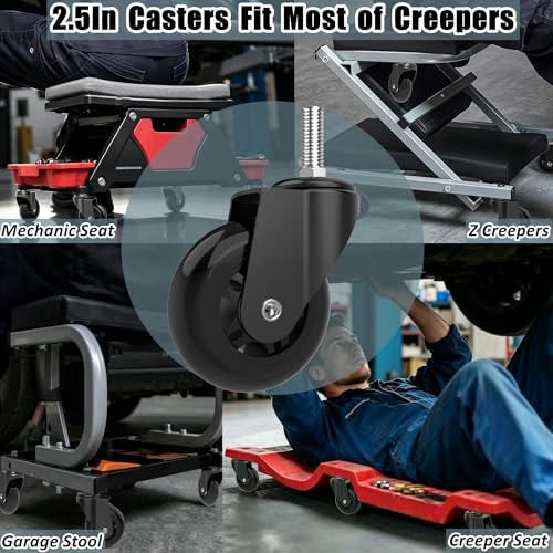 Creeper Wheels Replacement Set of 6, 2.5-Inch Roller Blade Rubber Creeper Casters, Heavy Duty M10 x 1" Metric Swivel Caster, 360 Degree No Noise Creepers Mechanic Seat Shop Stool Replacement Wheel - size: M10x1"