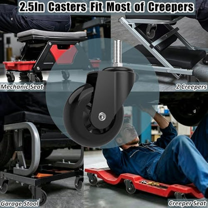 Creeper Wheels Replacement Set of 6, 2.5-Inch Roller Blade Rubber Creeper Casters, Heavy Duty M10 x 1" Metric Swivel Caster, 360 Degree No Noise Creepers Mechanic Seat Shop Stool Replacement Wheel - size: M10x1"