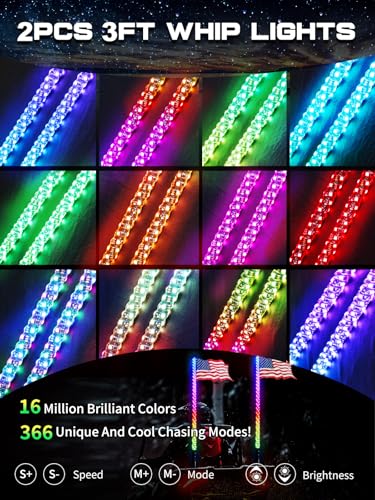 2 Pack 3FT Whip Lights with Spring Base, LED Whip Light with App & Remote Control, Spiral RGB Chasing Lighted Whips with Rocker Switch, Music Whip Light for UTV ATV - size: 3FT (2 Pack)