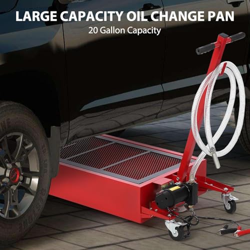 Low Profile Oil Drain Pan with Electric Pump, 20 Gallon Portable Oil Drain Cart for Cars, SUVs, Trucks – Foldable Handle, 7.5 Ft Hose & Swivel Casters, Leak-Proof Container, Red