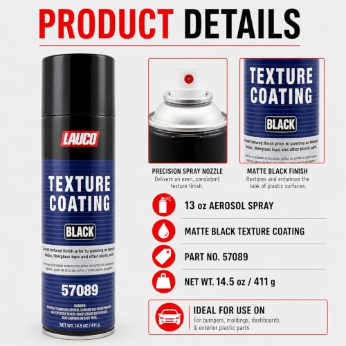 LAUCO Texture Coating Black 14.5 oz Aerosol Spray, Professional Automotive Trim and Bumper Refinisher, Durable Flexible Matte Finish for Plastic, Metal, and Fiberglass Surfaces, Easy Spray Application 57089