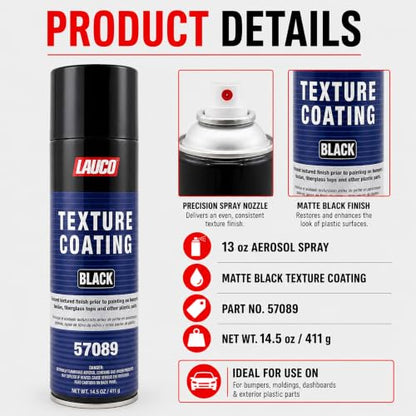 LAUCO Texture Coating Black 14.5 oz Aerosol Spray, Professional Automotive Trim and Bumper Refinisher, Durable Flexible Matte Finish for Plastic, Metal, and Fiberglass Surfaces, Easy Spray Application 57089