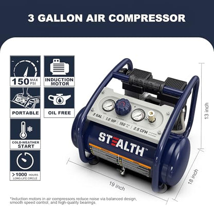 STEALTH Air Compressor 3 Gallon, Quiet Air Compressor, Oil-Free,for Tire Inflator, Auto Repair, Woodwork Nailing (SAQ-1301) - style: SAQ-1301