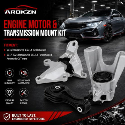 3Pcs Engine Motor Mount & Trans Mount Compatible with Civic 2016-2021 1.5L L4 Automatic CVT Trans Turbocharged Replaces A65136 A65129 A45006 50820TBCA01 50850TBCA81 50890TBAA82 - size: Honda Civic 2016-2021