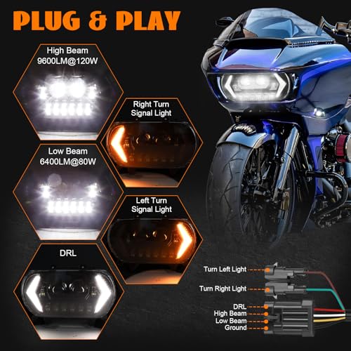 120W Road Glide Led Headlight Super Bright Front Headlamp High Low Beam w/Turn Signal Light DRL Fit for 2015-2023 Harley Touring Road Glide FLTR Models 2024 FLTRK FLTRT