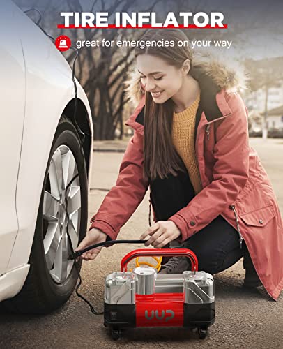UUP Portable 12V Air Compressor, 150 PSI Tire Inflator with Dual Cylinders - color: Red