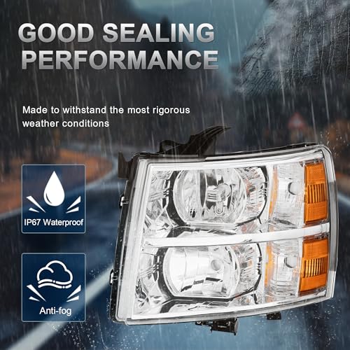 KUIPERAUTO Headlight Assembly Front Lamp Compatible with 2007-2013 Chevy Chevrolet Silverado 1500 2500HD 3500HD Chrome Housing/Clear Lens/Amber Corner with Bulb - color: Chrome/Clear/Amber