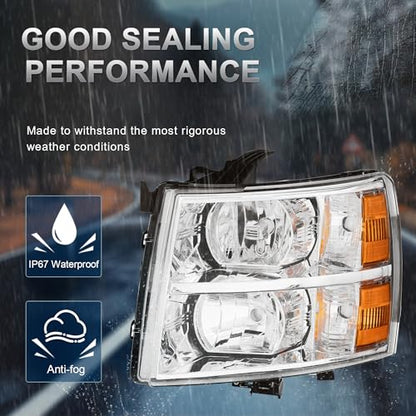 KUIPERAUTO Headlight Assembly Front Lamp Compatible with 2007-2013 Chevy Chevrolet Silverado 1500 2500HD 3500HD Chrome Housing/Clear Lens/Amber Corner with Bulb - color: Chrome/Clear/Amber