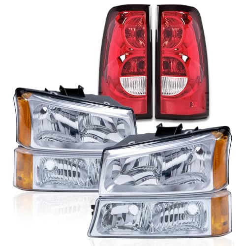 G-PLUS Headlights Assembly & Tail Lights Fit Chevy Silverado 1500 1500 HD 2500 2500 HD 2003-2006, Clear Lens Chrome Housing Amber Reflector Headlamps Assembly Red Taillights - color: Clear Lens Chrome Housing Amber Reflector & Red, size: Basic