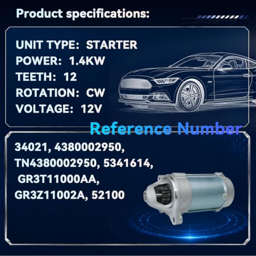 GR3T11000AA 34021 Starter Motor for 2016 2017 2018 2019 2020 2022 2023 Ford Mustang, V8 5.0L, 12V 1.4KW 12 Teeth CW - size: GR3Z11002A