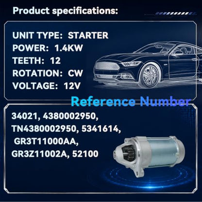 GR3T11000AA 34021 Starter Motor for 2016 2017 2018 2019 2020 2022 2023 Ford Mustang, V8 5.0L, 12V 1.4KW 12 Teeth CW - size: GR3Z11002A