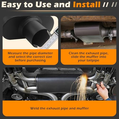 A-KARCK Single Chamber Muffler 2.5" Center Inlet 2.5" Center Outlet, 13" Overall Length Aluminized Steel Aggressive Sound Race Muffler Black (2 Pcs) - color: Black, size: 2.5 Inch-2