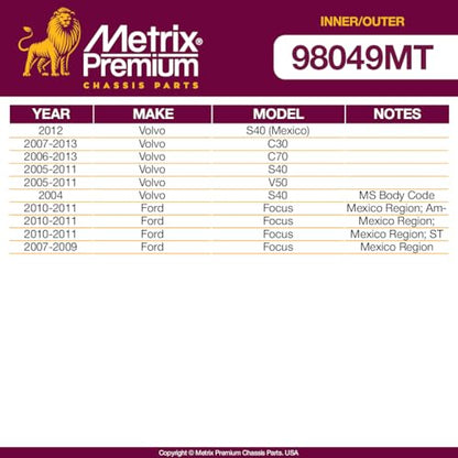 Metrix Premium Chassis Parts Inner & Outer Tie Rod End Kit Fits Volvo C30 - size: 98049MT