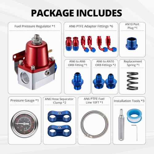 EVIL ENERGY EFI Fuel Pressure Regulator Kit Adjustable (20-120PSI) with Gauge 6AN PTFE Fuel Line Hose Fitting Connectors Kit Universal Aluminum (Silver) - color: Silver