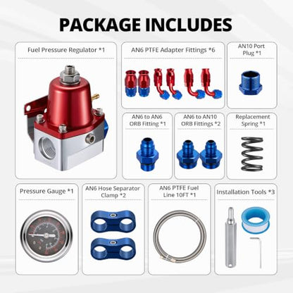 EVIL ENERGY EFI Fuel Pressure Regulator Kit Adjustable (20-120PSI) with Gauge 6AN PTFE Fuel Line Hose Fitting Connectors Kit Universal Aluminum (Silver) - color: Silver
