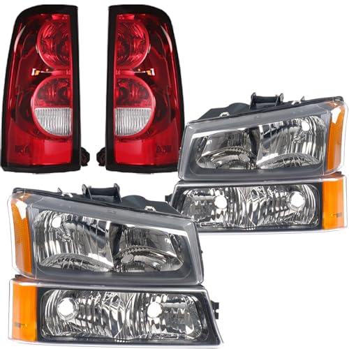 Headlight Assembly w/Tail Lights Set Fit For 2003 2004 2005 2006 Chevy Silverado 1500 2500 3500 Black Housing Amber Corner w/Red Taillights Rear Brake Lamp