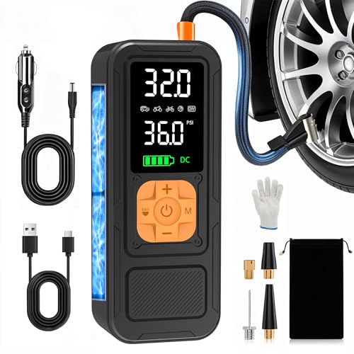 Y34 Tire Inflator Portable Air Compressor,4X Faster Inflation,8000mAh Cordless/12V DC 150PSI Air Pump with Digital Pressure Gauge for Car,Motorcycle,Bike,Gifts for Him - color: Orange, size: 8000mAh