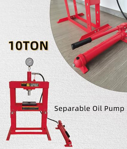 Superokay 10 Ton Shop Press, Welded H-Frame, 6.5 Inch Stroke, Manual Pump