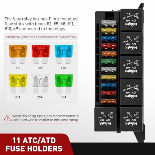 Nilight 12V Fuse Relay Box 6 Relays 4pin 40A 11 Fuses Pre-Wired Block Kit - color: Pre-Wired Box 6 Relay 11 Fuse