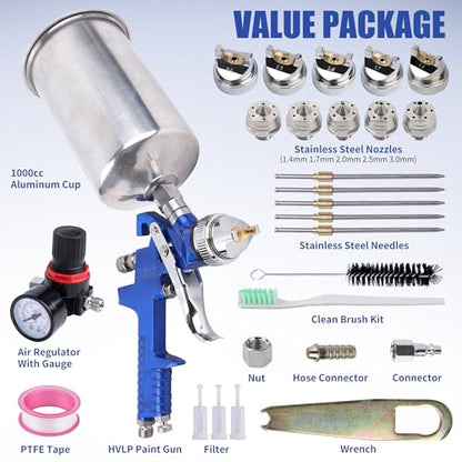 HVLP Spray Gun 1.4/1.7/2.0/2.5/3.0mm Kit with 1000cc Aluminum Cup - color: blue