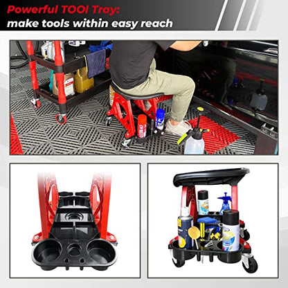 Durable Mechanic Stool Chair with Wheels, Heavy Duty Garage Shop Stool On Wheels, Rolling Stool Car Detailing Creeper Seat with Tool Tray for Workshop, Auto Repair Shop and Home