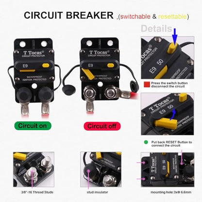 E9 3/8" Studs 40Amp Circuit Breaker w/Manual Reset Waterproof UL - color: 3/8" Studs Mount, size: 40A