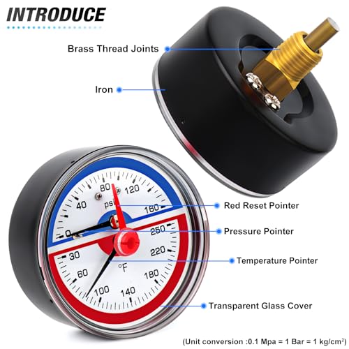 MEANLIN MEASURE 0-160Psi Thermal Pressure Gauge,0-250℉ 1/4" NPT 2.5" FACE DIAL, Boiler Temperature Pressure Gauge with Reset Pointer, with 1/2" NPT and 3/8" NPT Hex Bushing, Back Mount - size: Back Mount, style: Dry