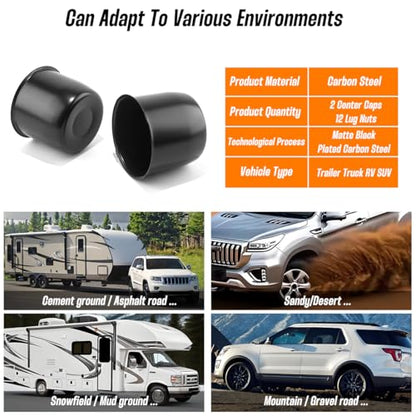 2 Pack 4.25" Push Through Trailer Wheel Center Caps & Lug Nuts - color: Matte Black