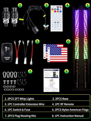 2 Pack 2FT Whip Lights with Spring Base, LED Whip Light with App & Remote Control, Spiral RGB Chasing Lighted Whips with Rocker Switch, Music Whip Light for UTV ATV - size: 2FT