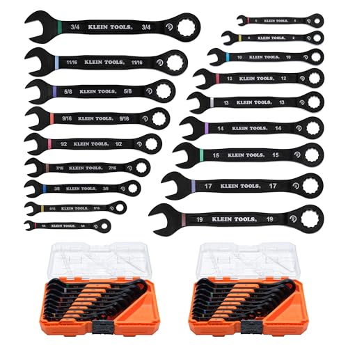 KLEIN TOOLS 69418CG 18-Piece Combination Ratcheting Wrench Set, SAE 1/4 to 3/4-Inch and Metric 6 to 19 mm, 90-Tooth Ratchet, MODbox Compatible, Color-Coded Sizes