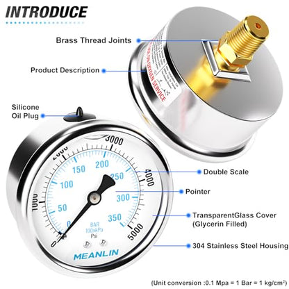 MEANLIN MEASURE 0~5000Psi Stainless Steel 1/4" NPT 2.5" FACE DIAL Liquid Filled Pressure Gauge WOG Water Oil Air Center Back Mount, with 1/2" NPT and 3/8" NPT Hex Bushing - size: 0-5000Psi