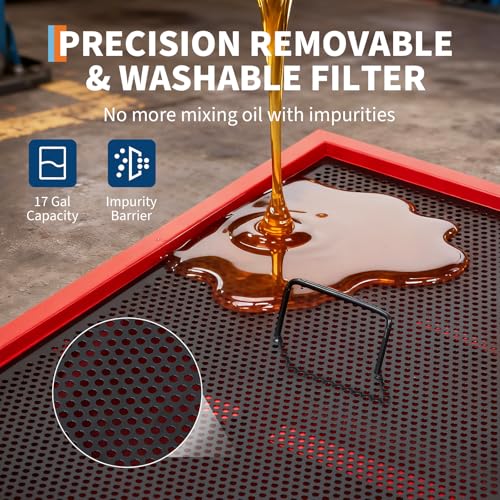 GarveeTech Oil Drain Pan 15 Gallon Oil Drain Tank,57L Low Profile Oil Drain Pan,Oil Catch Pans for Changing Oil,Foldable Hand, with Pump, Hose, Swivel Casters for Car, SUV, Trucks Oil Draining Red