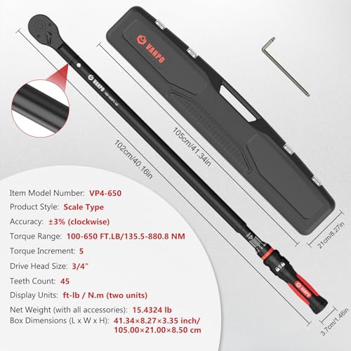 VANPO Torque Wrench 3/4-Inch Drive 100-650 Ft-Lb for Truck, ±3% Accuracy - size: 3/4-Inch 100-650 Ft-Lb